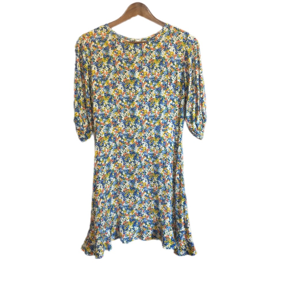 Faithfull The Brand Mini Dress Womens Small Blue Floral Ruffle Puff Sleeve Rayon